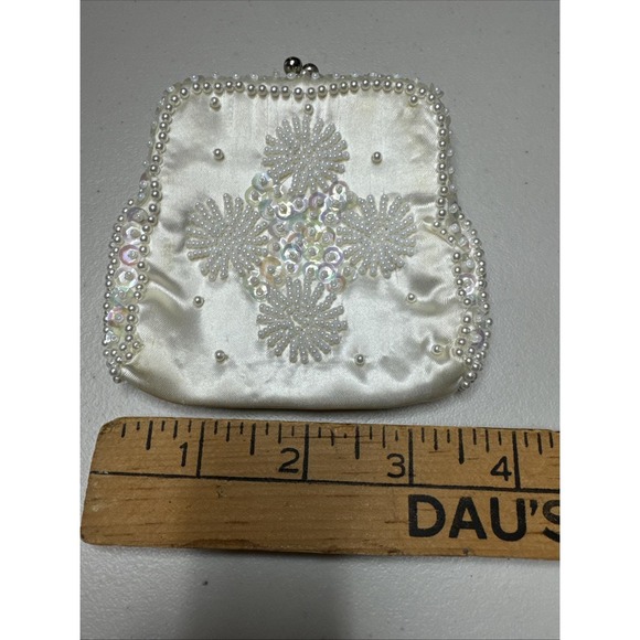Vintage Coin Purse White Satin with Beads and Sequins Wedding Formal - Picture 8 of 9